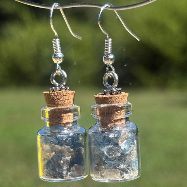 Deep Blue Crushed Glass & North Carolina Mica Potion Bottle Earrings