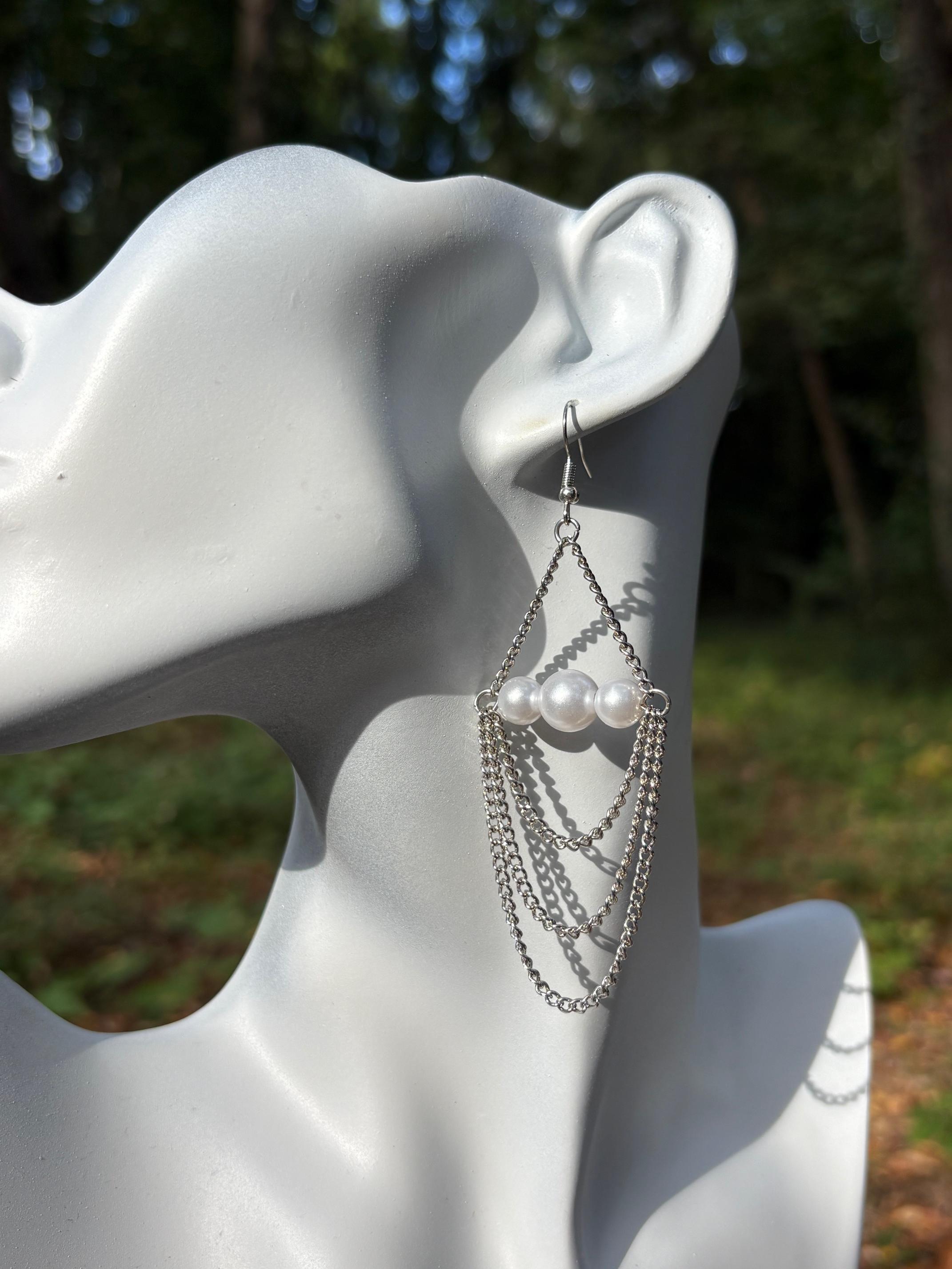 White Pearl and Chain Trapeze Earrings